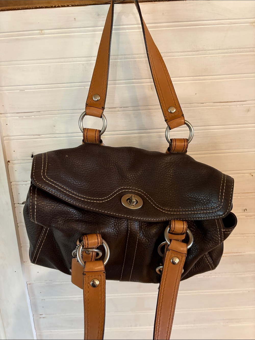 Coach Dark Brown Leather Shoulder Bag with Tan Straps - Picture 3 of 4